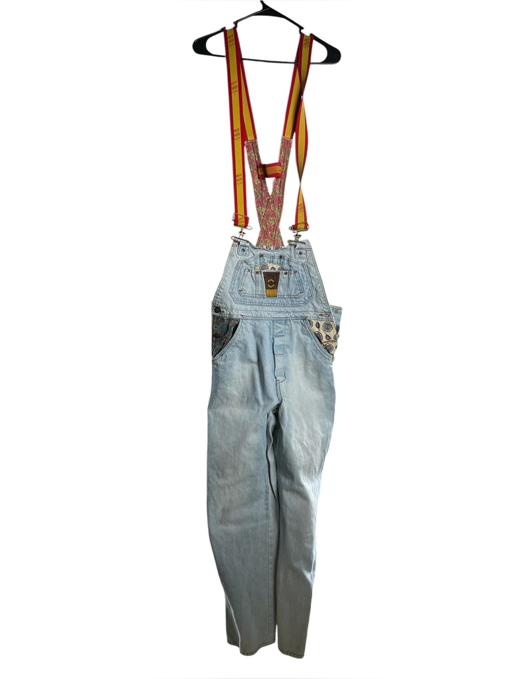 Bugle Boy Light Blue Denim Overalls with Red and Yellow Strapsy 32 L